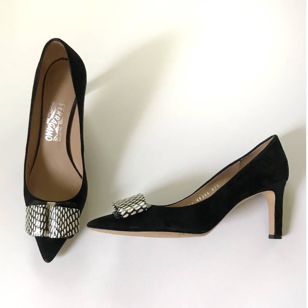 Ferragamo "Mimi" Pumps, Black Suede, Snakeskin Bow